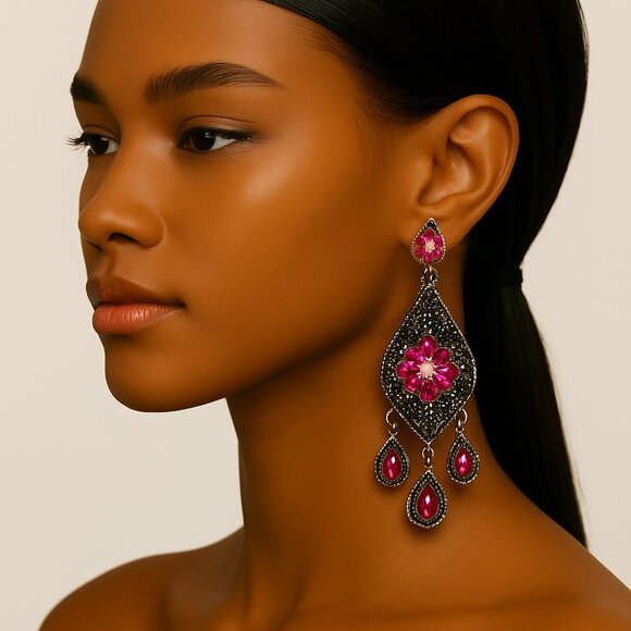 Filigree & Fringed Design - Pink Crystal Drop Dangle Earrings - Women's Jewelry - Picture 1 of 10